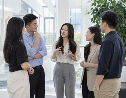 Professionals talking at a community meetup