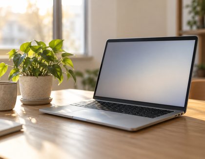 A laptop open on a desk beside a plant